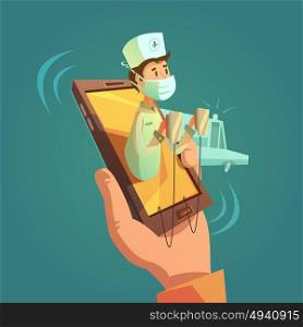 Mobile Online Doctor Concept. Mobile online doctor concept with mobile phone in hand cartoon vector illustration