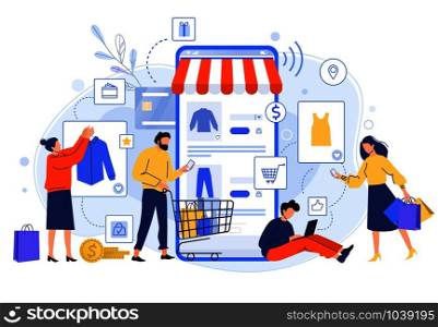 Mobile online shopping. People buy dresses, shirts and pants in online shops. Shoppers buying on internet sale flat vector illustration. Special offer, discount concept. Online clothing store. Mobile online shopping. People buy dresses, shirts and pants in online shops. Shoppers buying on internet sale flat vector illustration. Online clothing store. Discount, total sale concept