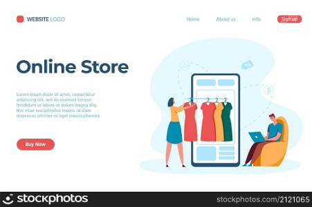 Mobile online store, choose clothing on smartphone. Vector shop on smartphone, store online for purchase and sale illustration. Mobile online store, choose clothing on smartphone