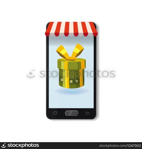 Mobile Online Store concept. Smartphone, Holiday red gift box. Mobile Online Store concept. Smartphone, Holiday green gift box. Vector illustration business design. Electronic online shop market. Digital marketing. Poster, baner, template