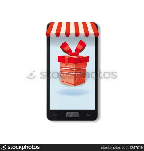 Mobile Online Store concept. Smartphone, Holiday red gift box. Mobile Online Store concept. Smartphone, Holiday red gift box. Vector illustration business design. Electronic online shop market. Digital marketing. Poster, baner, template