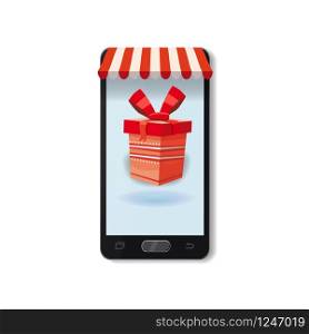 Mobile Online Store concept. Smartphone, Holiday red gift box. Mobile Online Store concept. Smartphone, Holiday red gift box. Vector illustration business design. Electronic online shop market. Digital marketing. Poster, baner, template