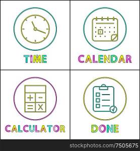 Mobile organizer elements round linear icons set. Time settings, calendar symbol, calculator function and done list outline flat vector illustrations.. Mobile Organizer Elements Round Linear Icons Set