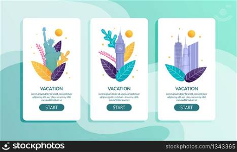 Mobile Page Set Offer Vacation in Foreign Counties. Flat Cartoon Famous World Landmarks over Foliage Leaves. Travel Agency and Online Booking Service. Tour Discount. Vector Illustration. Mobile Page Set Offer Vacation in Foreign Counties
