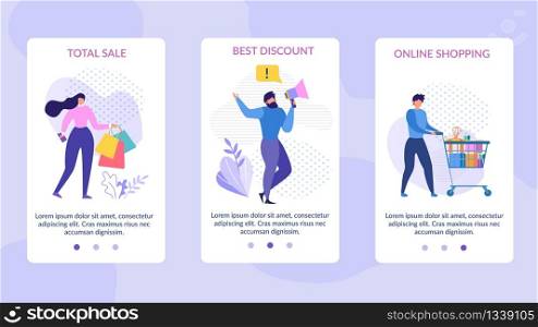 Mobile Pages Set Advertising Total Sale Discount and Online Shopping. Promotional Social Network Landing Pages for Shop Application. Vector Flat Illustration with People Community Enjoying Sell-Out. Mobile Pages Set Advertising Total Sale Discount