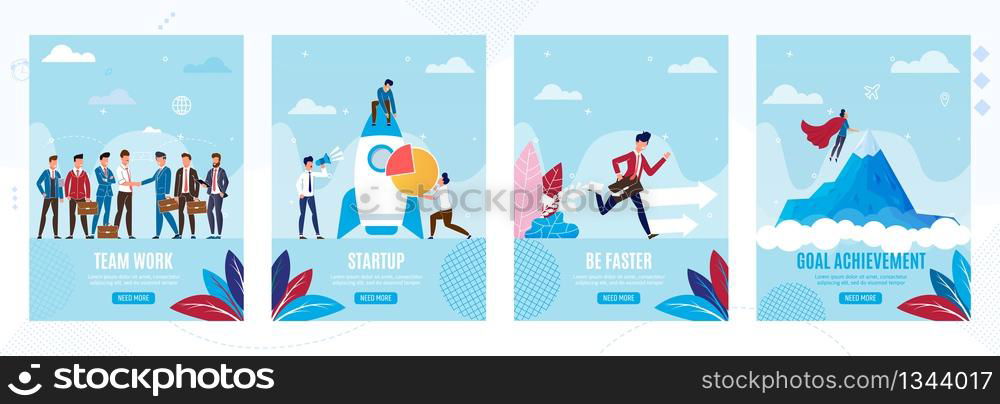 Mobile Pages Set. Business Startup and Professional Growth. Team Work, Startup, Be Faster, Goal Achievement Banners. Vector Flat Illustration with Office People Characters Hard Working on Profit. Mobile Pages Set for Business Startup and Growth