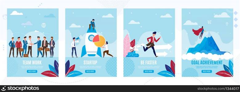 Mobile Pages Set. Business Startup and Professional Growth. Team Work, Startup, Be Faster, Goal Achievement Banners. Vector Flat Illustration with Office People Characters Hard Working on Profit. Mobile Pages Set for Business Startup and Growth