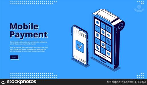 Mobile payment banner. NFC payments technology. Vector landing page of digital transaction with isometric icon of smartphone and POS terminal on blue background. Landing page of NFC technology, mobile payment