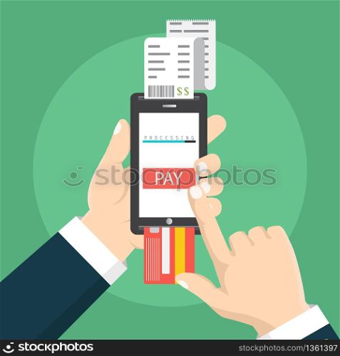 Mobile payment concept. Hand holding a phone. Smartphone wireless money transfer. Flat design. Vector illustration. Vector illustration. Mobile payment concept. Hand holding a phone. Smartphone wireless money transfer. Flat design.
