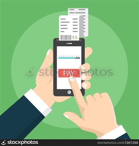 Mobile payment concept. Hand holding a phone. Smartphone wireless money transfer. Flat design. Vector illustration. Vector illustration. Mobile payment concept. Hand holding a phone. Smartphone wireless money transfer. Flat design.