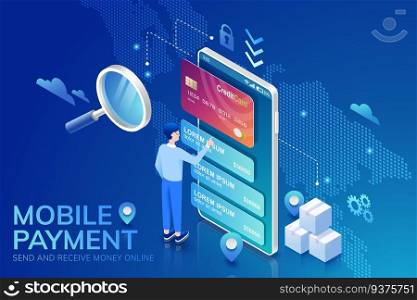 Mobile payment concept in 3d isometric projection. 3d isometric mobile payment