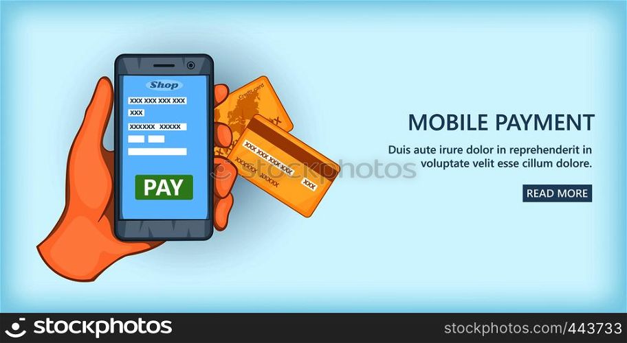 Mobile payment horizontal concept. Cartoon illustration of online payment banner horizontal vector for web. Mobile payment banner horizontal, cartoon style