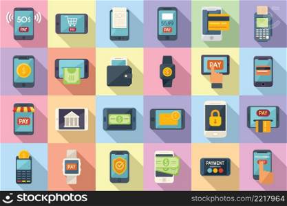 Mobile payment icons set flat vector. Money bank. Mobile online. Mobile payment icons set flat vector. Money bank