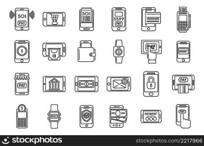 Mobile payment icons set outline vector. Money bank. Mobile online. Mobile payment icons set outline vector. Money bank