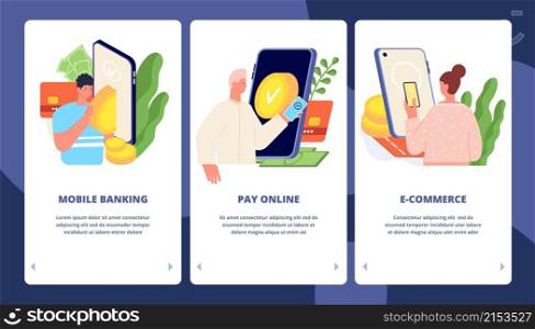 Mobile payments app banners. Phone money transfer, web pay transaction smartphone application. People and cashless bill utter vector template. Illustration finance digital e-commerce shopping. Mobile payments app banners. Phone money transfer, web pay transaction smartphone application. People and cashless bill utter vector template