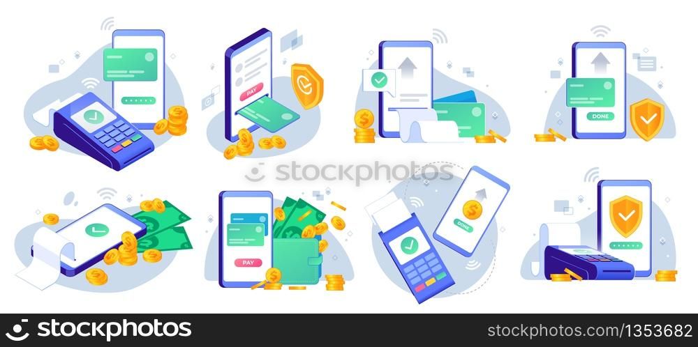 Mobile payments. Online sending money from mobile wallet to bank card, golden coins transfer app and e payment vector illustration set. Mobile payment, business finance pay, transaction online. Mobile payments. Online sending money from mobile wallet to bank card, golden coins transfer app and e payment vector illustration set