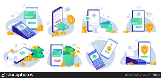 Mobile payments. Online sending money from mobile wallet to bank card, golden coins transfer app and e payment vector illustration set. Mobile payment, business finance pay, transaction online. Mobile payments. Online sending money from mobile wallet to bank card, golden coins transfer app and e payment vector illustration set