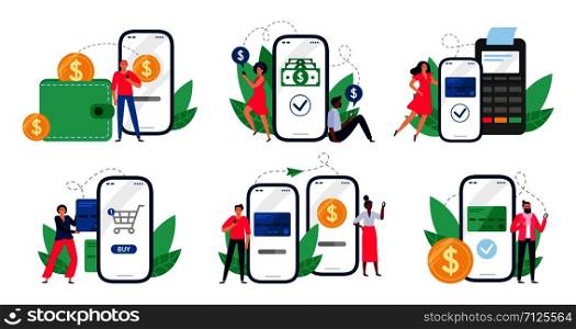 Mobile payments. People with smartphones send money transfers, POS-terminal payment and financial transactions. Bank app internet transaction technology. Isolated vector illustration icons set. Mobile payments. People with smartphones send money transfers, POS-terminal payment and financial transactions vector illustration set