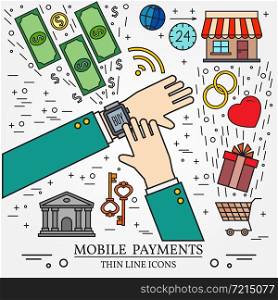 Mobile payments using a smart watch. Online shopping concept for web design and application interface. Thin line icon.