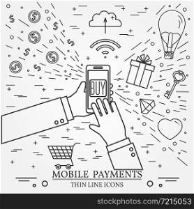 Mobile payments using a smartphone. Online shopping concept for web design and application interface. Thin line icon.