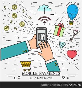 Mobile payments using a smartphone. Online shopping concept for web design and application interface. Thin line icon.