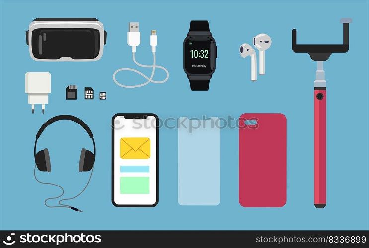 Mobile phone accessories cartoon illustration set. VR glasses 3D model, cellphones case, charger, battery, headphones, smart watch, memory card, selfie stick. Technology, smartphone concept