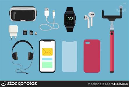 Mobile phone accessories cartoon illustration set. VR glasses 3D model, cellphones case, charger, battery, headphones, smart watch, memory card, selfie stick. Technology, smartphone concept