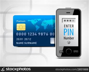 Mobile phone and credit card with pin. Vector illustration