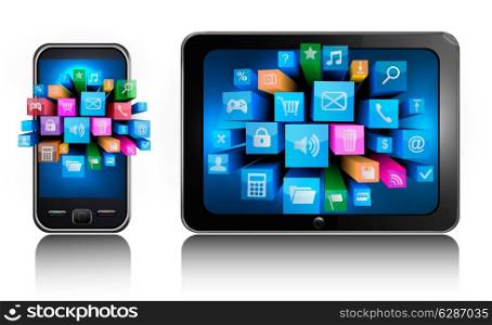 Mobile phone and tablet pc with colorful icons.. Vector.
