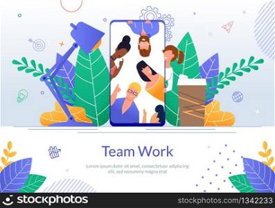 Mobile Phone Application for Distant Teamwork and Video Conferences Flat Vector Ad Banner. Multinational Businesspeople, Company Employees Group, Office Colleagues Communicating Online Illustration