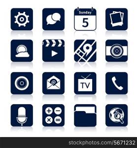 Mobile phone applications black icons set of settings messages calendar isolated vector illustration