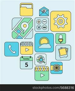Mobile phone applications flat line icons set isolated vector illustration