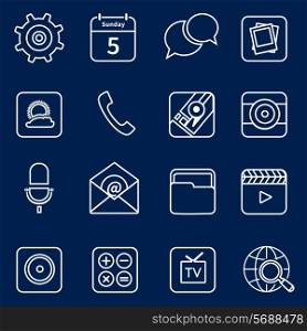 Mobile phone applications outline icons set of maps camera e-mail isolated vector illustration