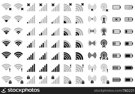 Mobile phone bar icons. Smartphone battery charge level, wifi signal strength icon and network connection levels pictogram. Device power indicating or batteries bar. Isolated symbols vector set. Mobile phone bar icons. Smartphone battery charge level, wifi signal strength icon and network connection levels pictogram vector set