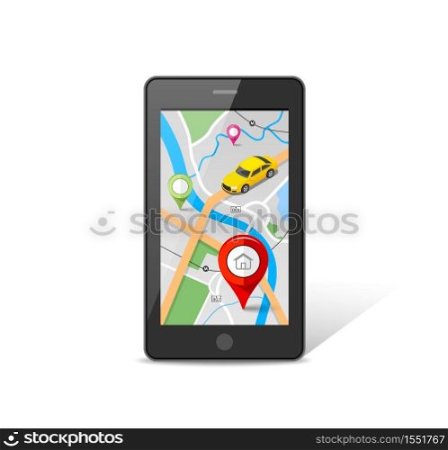 Mobile phone car navigation maps vector, with red color point markers, isolated on white background, illustration
