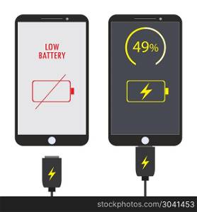 Mobile phone charging , flat design. Two Mobile phone charging , flat design, vector. Mobile phone charging , flat design