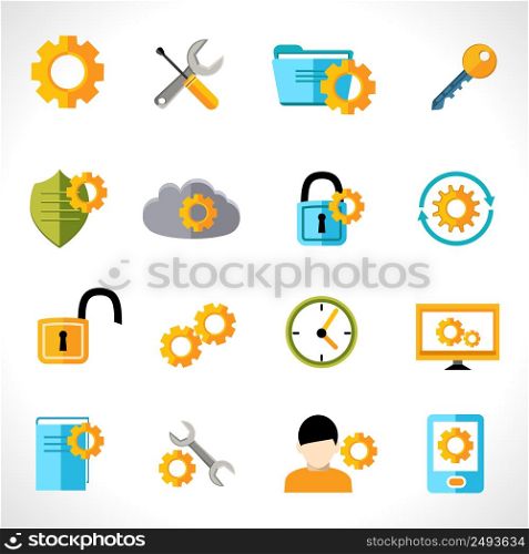 Mobile phone computer account settings flat icons set isolated vector illustration