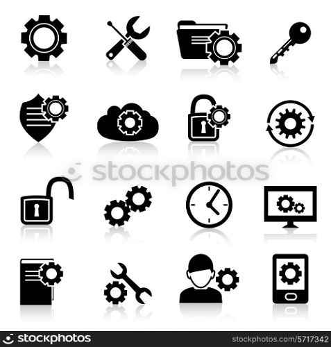 Mobile phone computer account settings security control black icons set isolated vector illustration.