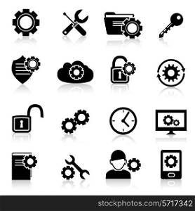 Mobile phone computer account settings security control black icons set isolated vector illustration.