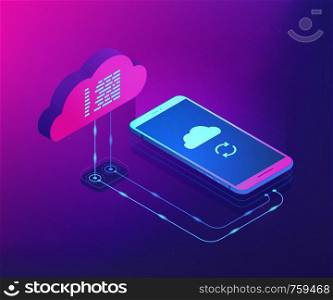 Mobile phone connected to the cloud technology and synchronizing data process. Cloud connection, remote data storage, online data transfer concept. Ultraviolet neon vector isometric 3D illustration.. Cloud connection isometric 3D concept illustration.