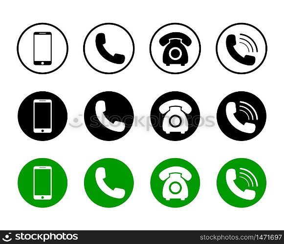 Mobile phone icon on isolated background. Set of call icon and telephone in black, green color in flat style for web. Phone symbol pack. Connection service sign. Design vector illustration. Mobile phone icon on isolated background. Set of call icon and telephone in black, green color in flat style for web. Phone symbol pack. Connection service sign. Design vector illustration.