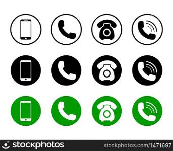 Mobile phone icon on isolated background. Set of call icon and telephone in black, green color in flat style for web. Phone symbol pack. Connection service sign. Design vector illustration. Mobile phone icon on isolated background. Set of call icon and telephone in black, green color in flat style for web. Phone symbol pack. Connection service sign. Design vector illustration.