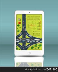 Mobile phone in a realistic style with reflection and highways with cars motion. Map of traffic vehicles.