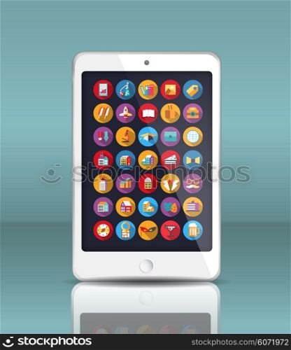 Mobile phone in a realistic style with reflection and lots of icons.