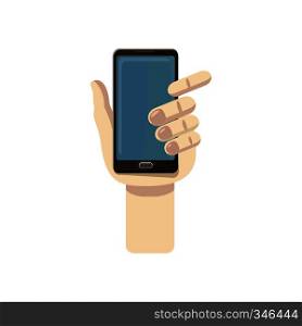 Mobile phone in hand icon in cartoon style isolated on white background. Mobile phone in hand icon, cartoon style