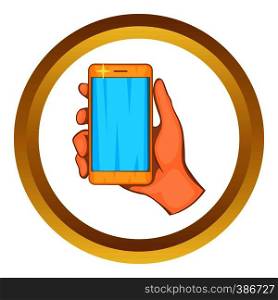 Mobile phone in hand vector icon in golden circle, cartoon style isolated on white background. Mobile phone in hand vector icon