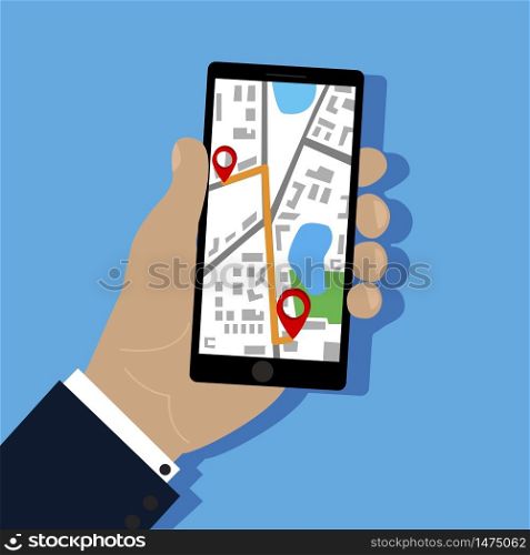 Mobile phone in hand with a map application. GPS vector illustration, image of a route. Stock Photo.