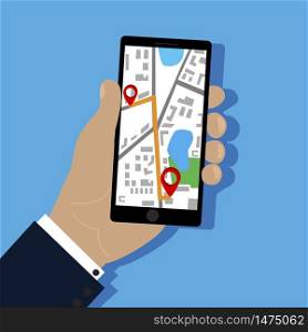 Mobile phone in hand with a map application. GPS vector illustration, image of a route. Stock Photo.