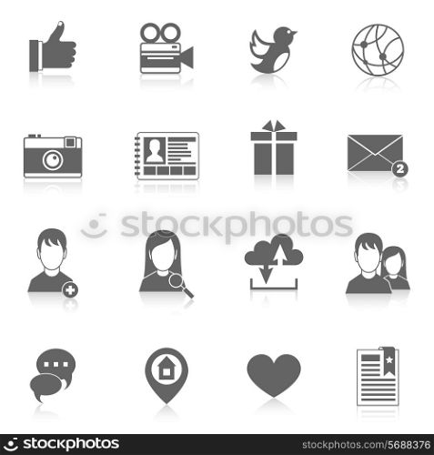 Mobile phone interface social media applications black icons set isolated vector illustration