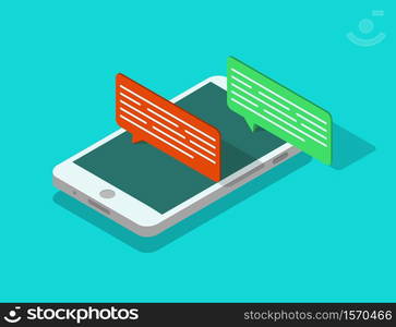 Mobile phone isometric with speech bubble. Sms chat icon in smartphone. People talk online in social media app. Client feedback notification on cellphone. Design conversation in app. vector. Mobile phone isometric with speech bubble. Sms chat icon in smartphone. People talk online in social media app. Client feedback notification on cellphone. Design conversation in app. vector.